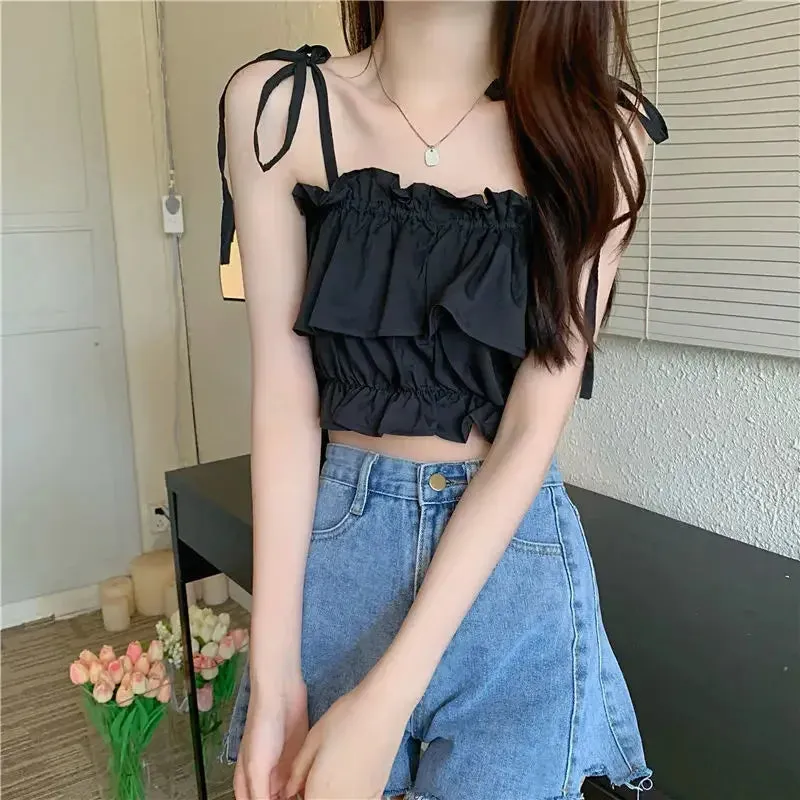 Women's 2023 New Summer Tank Top with Ruffle Edge Strap Top High Waist Sleeveless Bra and Open Umbilical Top