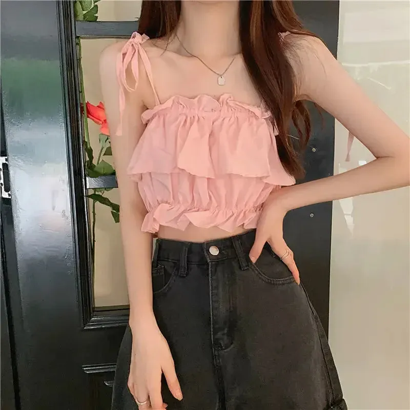 Women's 2023 New Summer Tank Top with Ruffle Edge Strap Top High Waist Sleeveless Bra and Open Umbilical Top