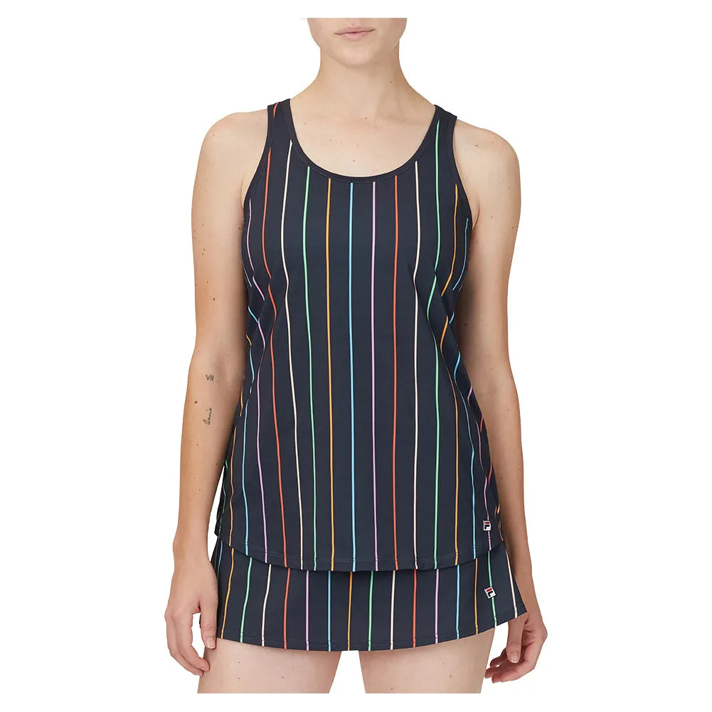 Women`s Cross Court Loose and Long Tennis Tank India Ink and Rainbow Stripe