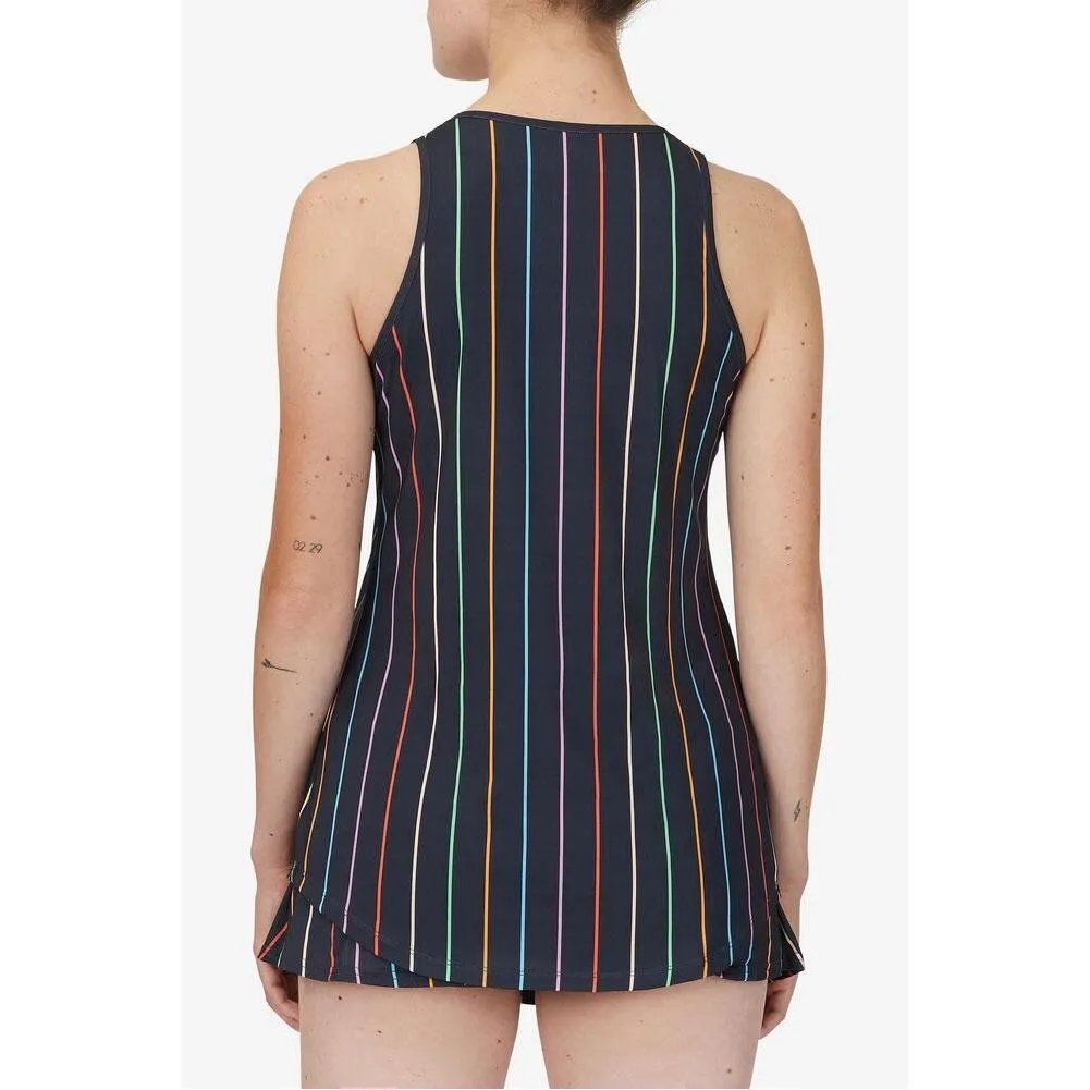 Women`s Cross Court Loose and Long Tennis Tank India Ink and Rainbow Stripe