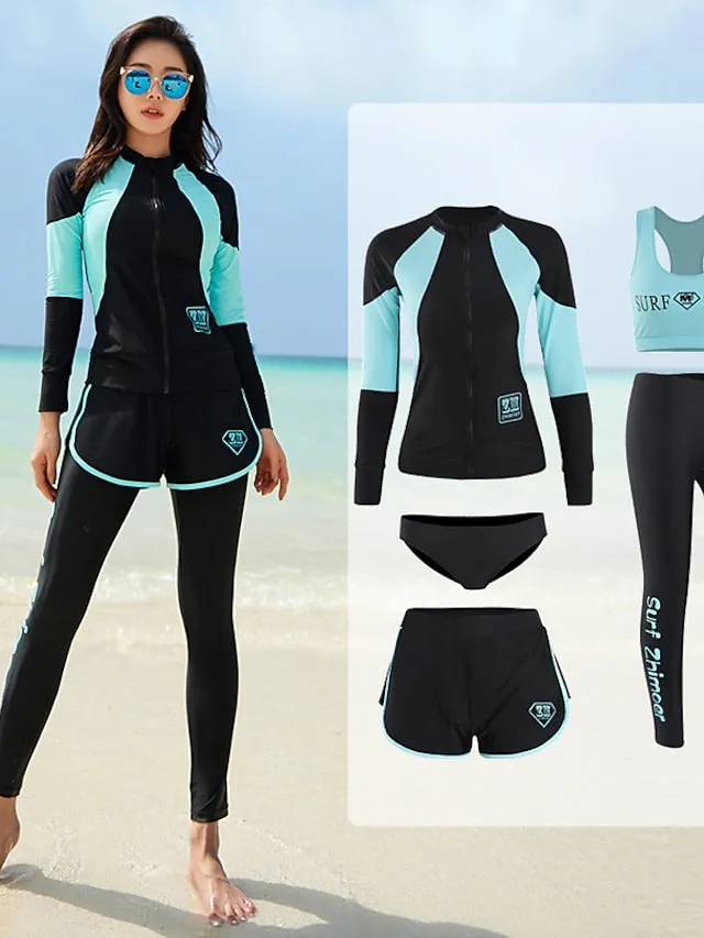 Women's Rash guard Swimsuit Burkini Waterproof UV Sun Protection Full Coverage Long Sleeve Swimwear Bathing Suit 5-Piece Swimming Diving Surfing Beach Patchwork Summer Spring Autumn